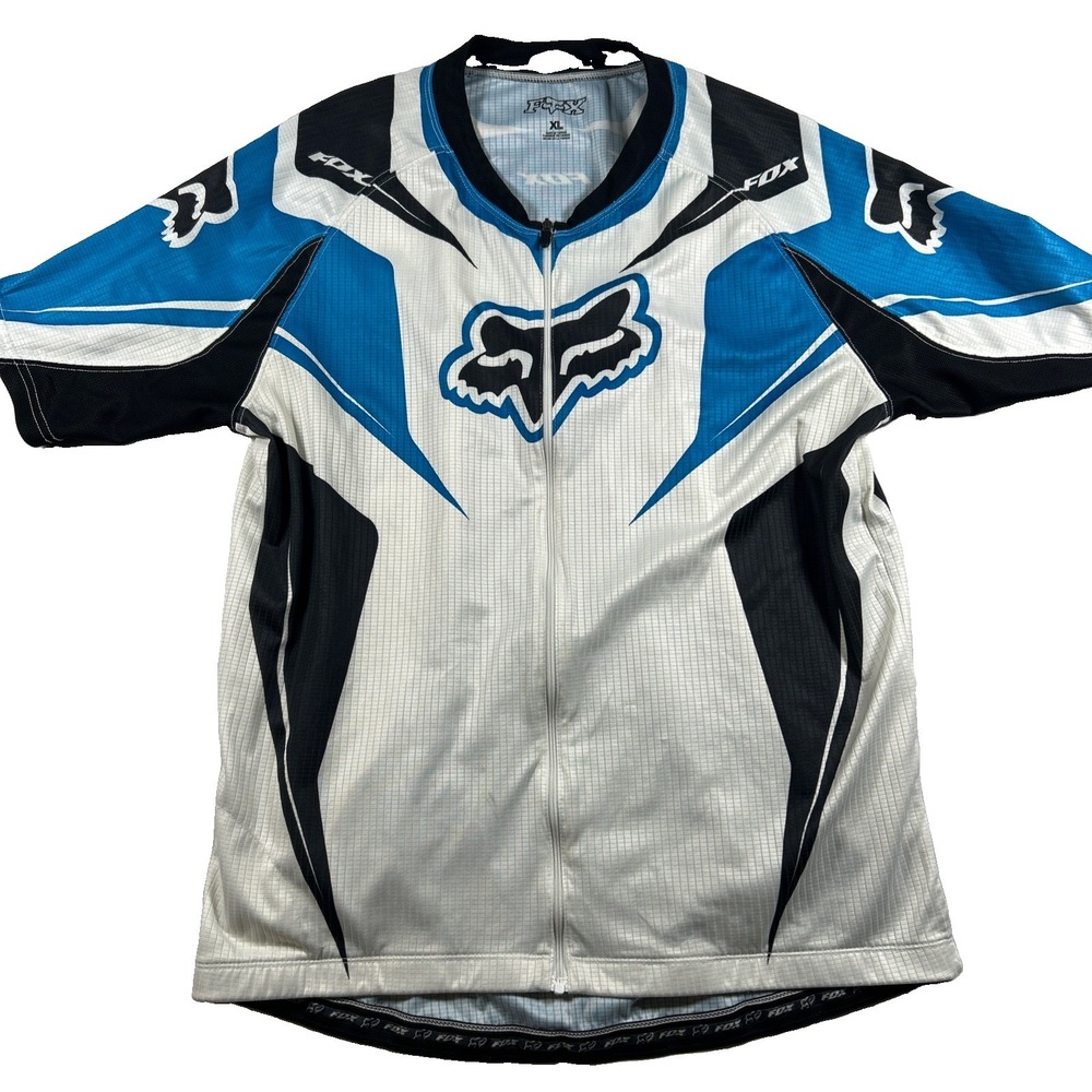 Fox Mens Cycling Jersey XL Blue White Black Full Zip Short Sleeve Mesh Bike Top